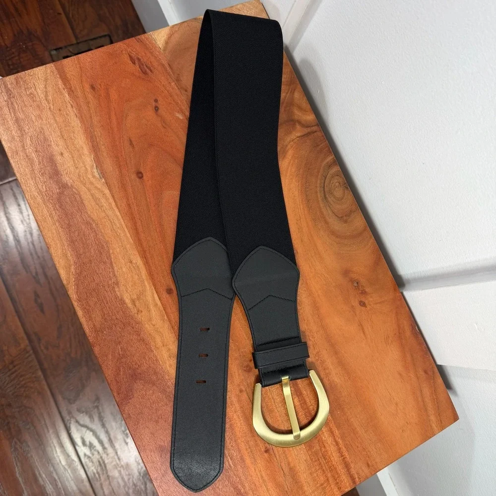 Signature Collection Black‎ Elastic Wide Corset Style Belt Gold Buckle S M P M